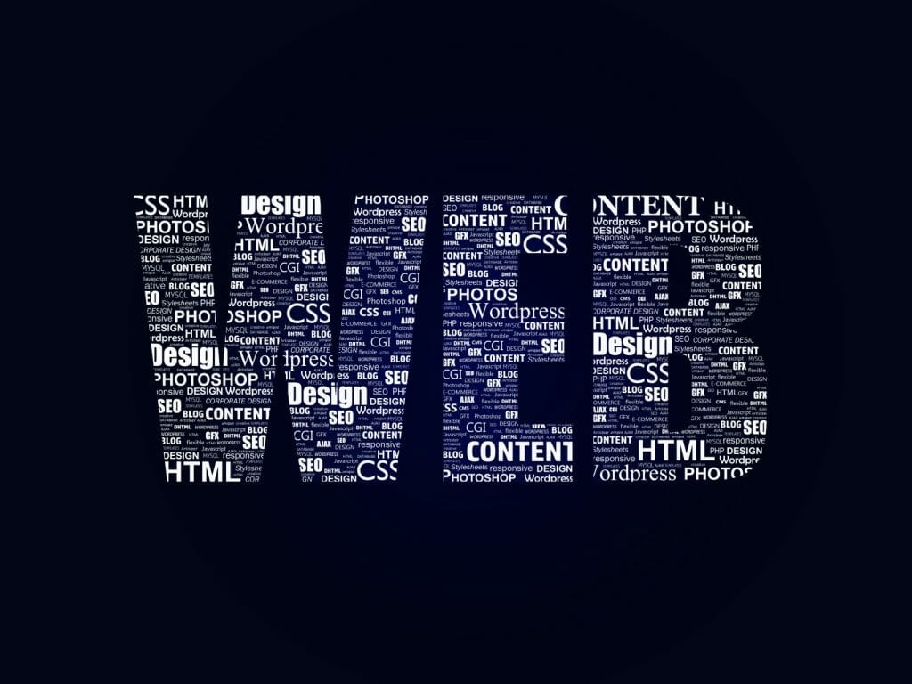 L'image montre le mot « WEB » formé d'un ensemble de mots liés à la conception et au développement Web. Les mots incluent « conception », « contenu », « CSS », « Photoshop », « HTML », « WordPress » et « SEO », disposés dans différentes tailles et orientations sur un fond sombre, faisant allusion à la façon de * devenir un webmarketeur *.